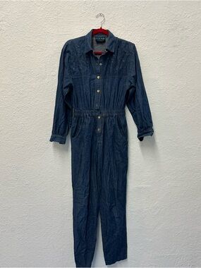Vintage Denim Button-Front Jumpsuit with Studded Details in Dark Blue